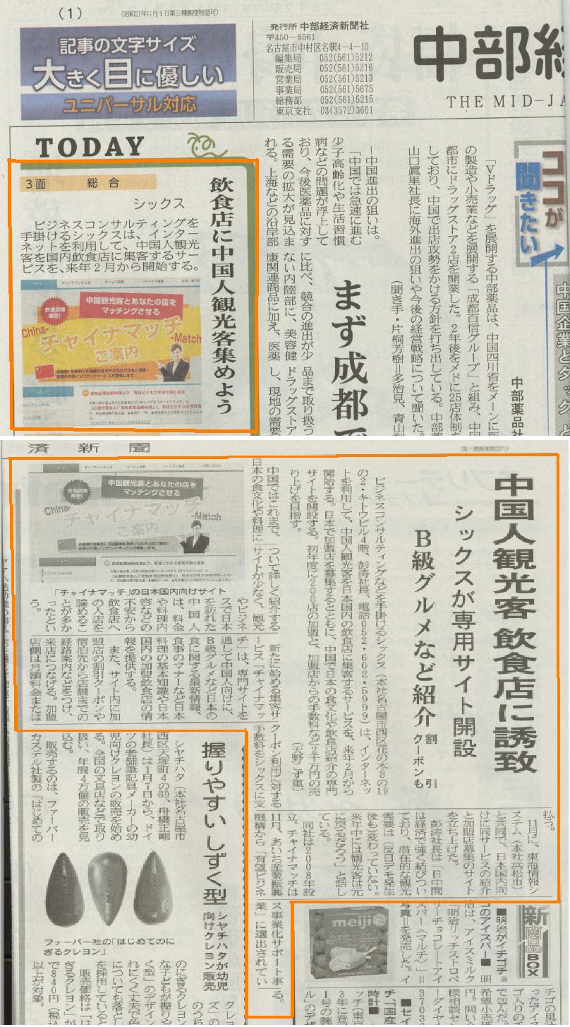 中部経済新聞（朝刊）にてチャイナマッチを紹介する記事が掲載されました